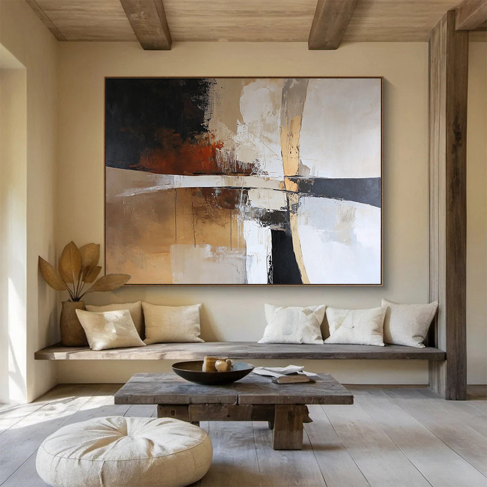 A large abstract painting featuring earth tones of white brown beige and black creating a harmonious and serene atmosphere.SC328