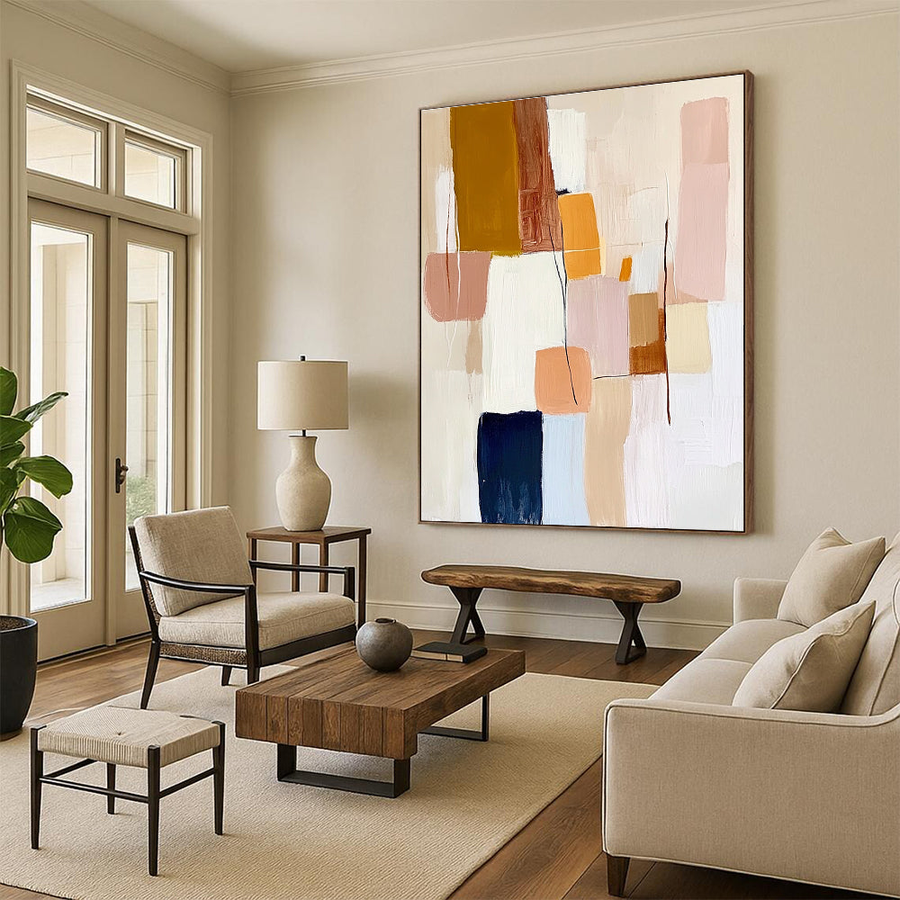Large abstract painting featuring geometric shapes in pastel colors with textured brush strokes on a white background creating a harmonious composition.STSC755