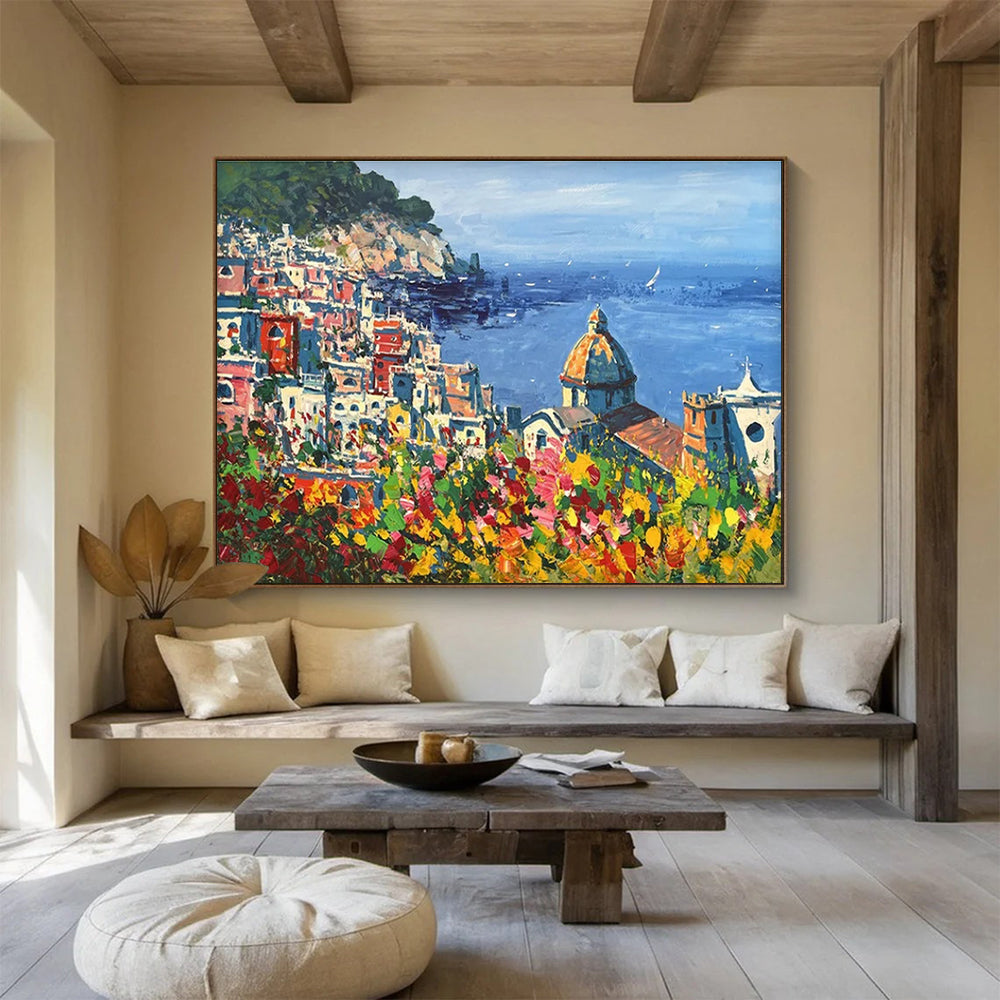 Coastal Town with Flowers Impressionist Painting THY457