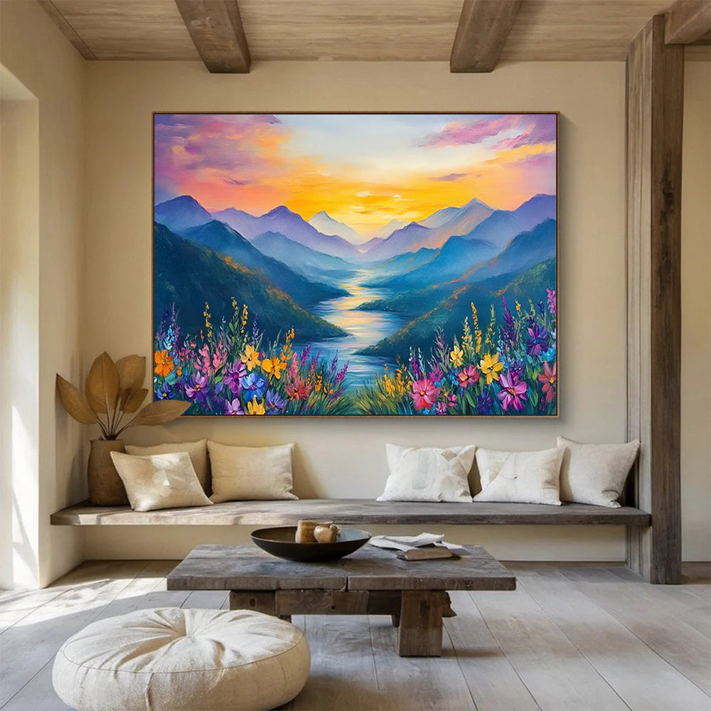 Sunset Mountain Valley Abstract Painting with Dramatic, Colorful Hues THY414