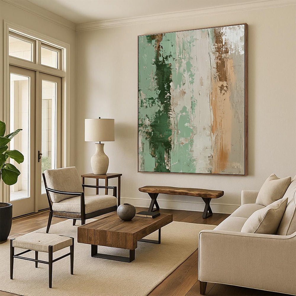Green and Beige Abstract Painting with Layered Textures GER096