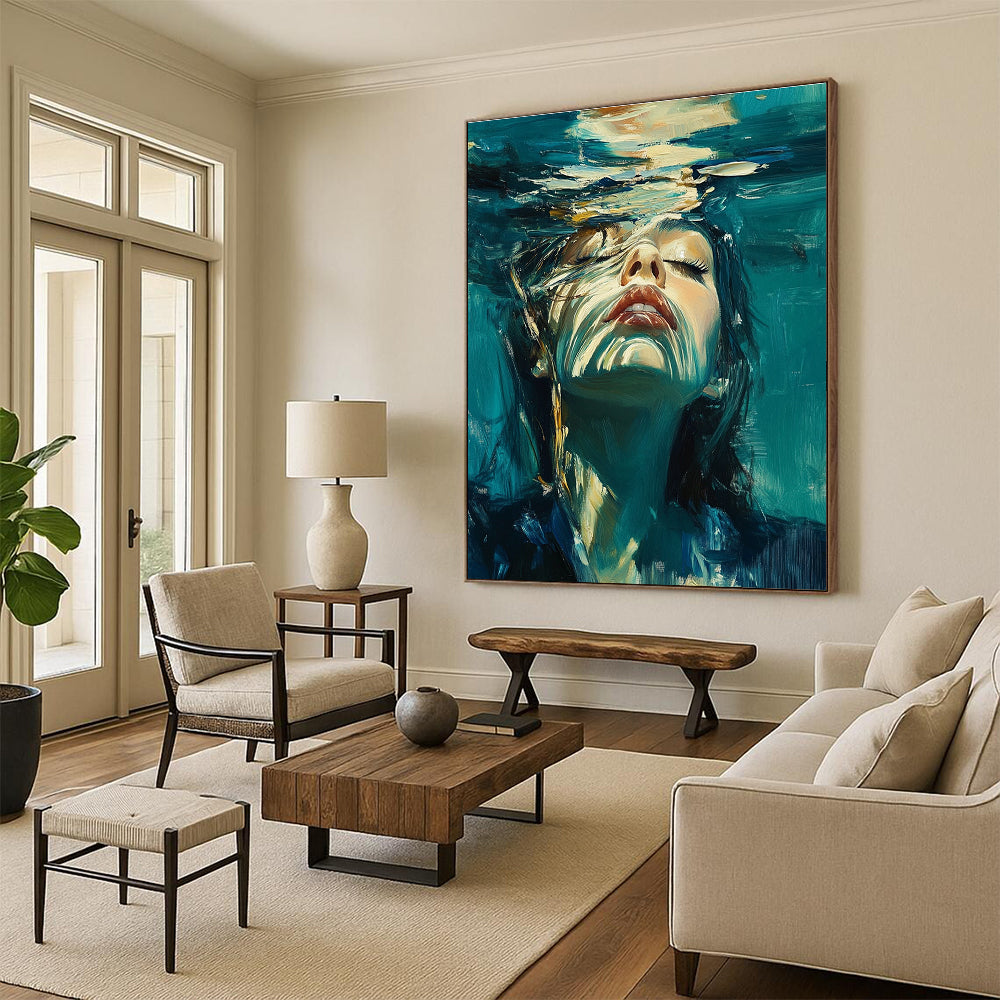 Abstract oil painting of a woman underwater with long hair wearing a dark blue suit with white details against a teal and turquoise background.STSC178