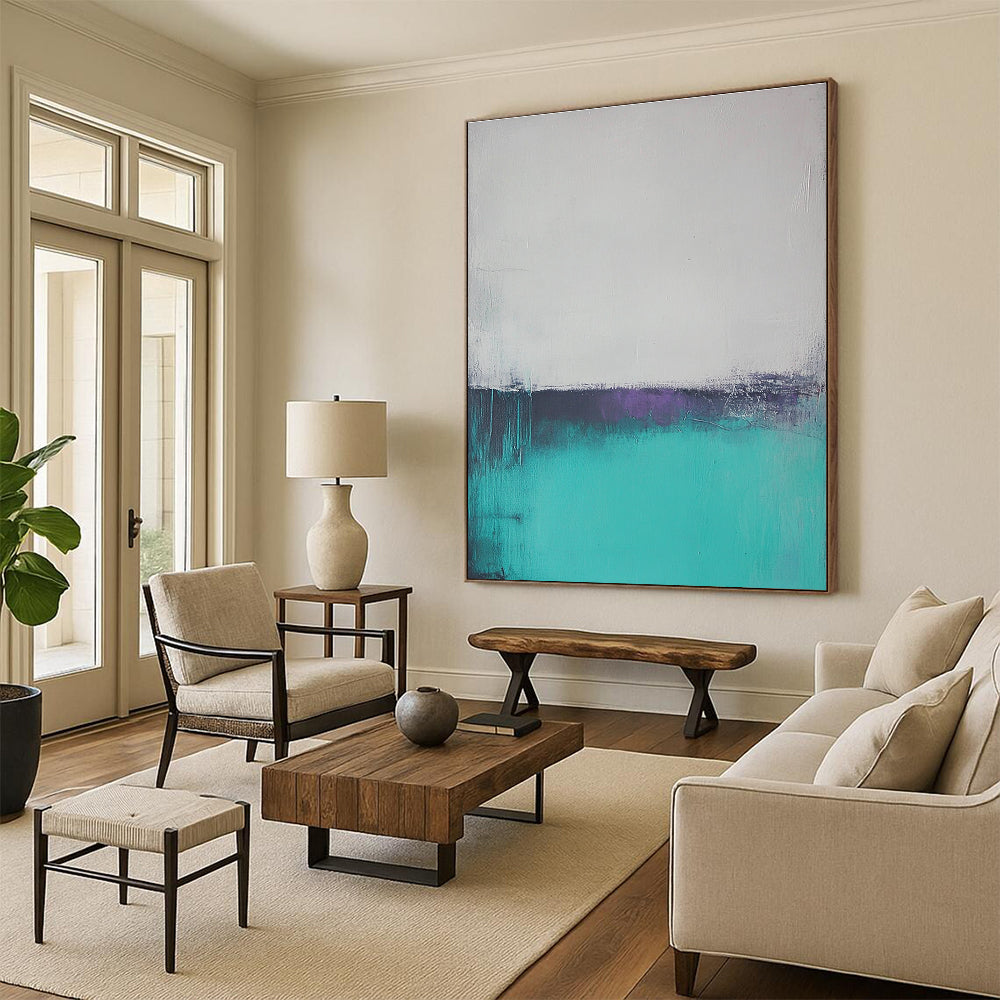 Large abstract oil painting of a misty teal and gray ocean with muted colors and low contrast, creating a serene atmosphere.STSC590