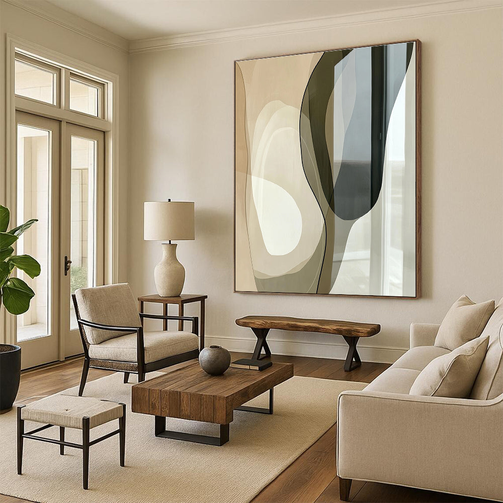 Beige and Black Curved Abstract Painting with Transparent Elements GER045