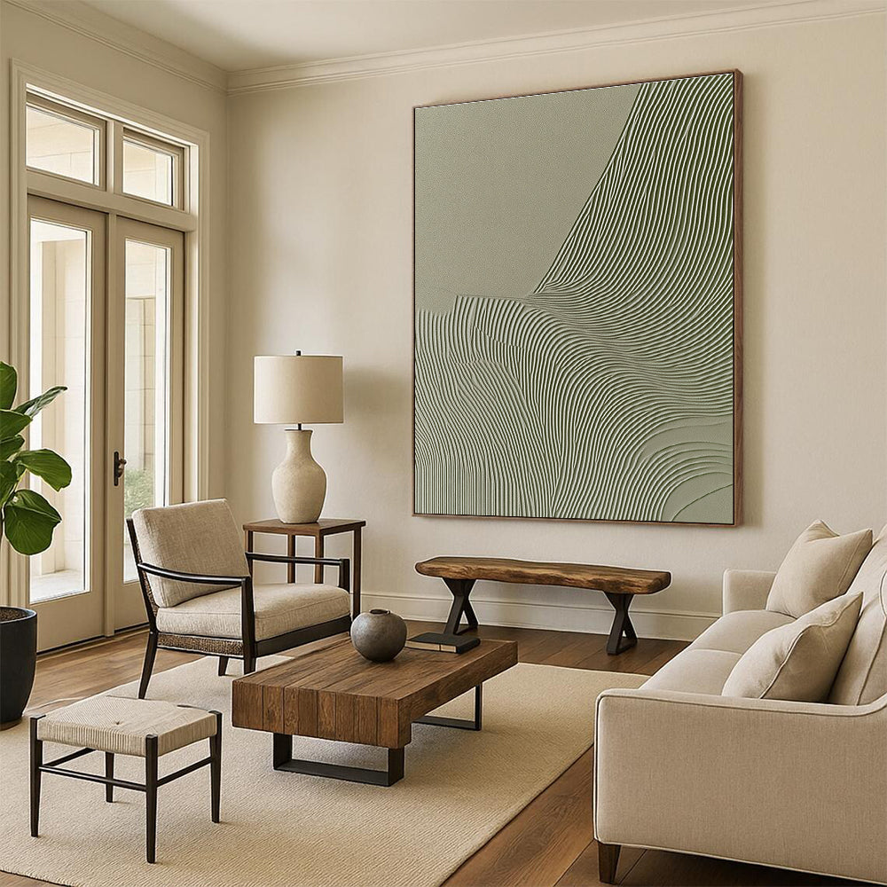Abstract artwork featuring wavy lines on a gray background with organic shapes in beige and green evokes an elegant natural aesthetic for interior design.STSC998