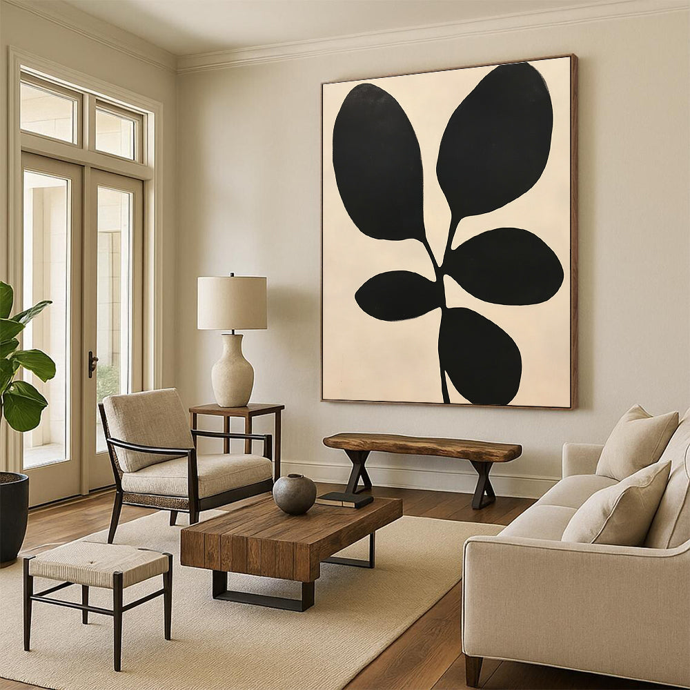 Large abstract painting featuring minimalist black and white shapes resembling leaves inspired by Henri Matisse's style.STSC1078