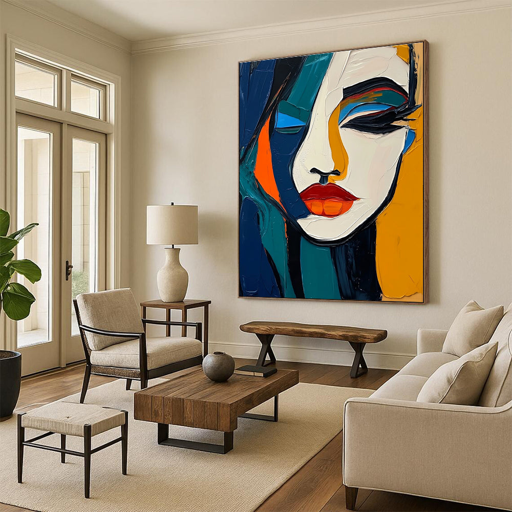 A large abstract painting with elegant features in vibrant colors merging with strong shadows bold lines and smooth textures.STSC1098