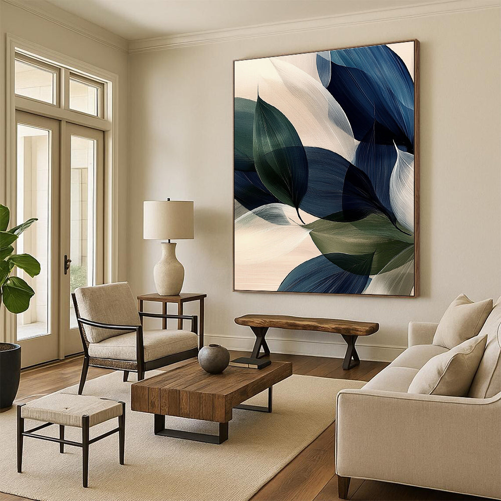 Large abstract painting of navy blue green and white large leaves with soft edges and subtle gradients on a light background.STSC685