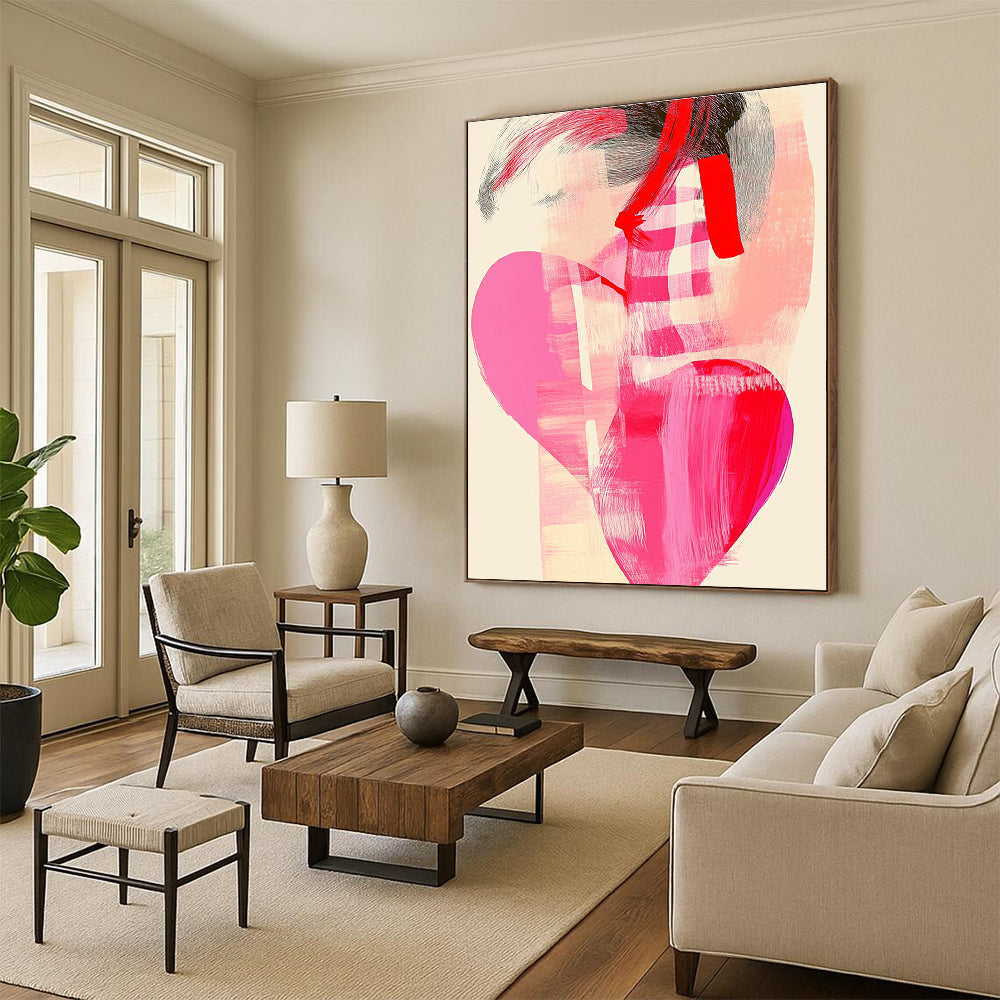 A large abstract painting featuring a pink heart and checkered pattern with organic chest shapes in soft pastels and red line art.STSC858