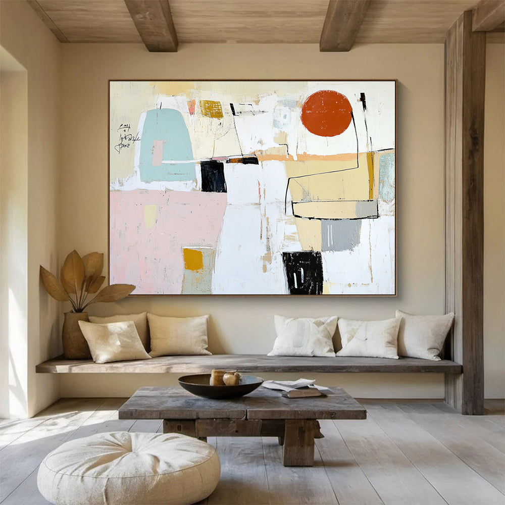 Large abstract painting featuring soft pastel colors, textures, and geometric forms with a prominent red circle and scribbled black text.SC041