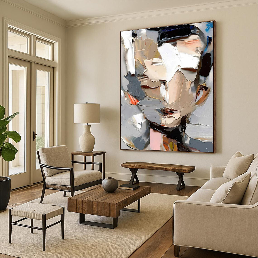 Color - layered Portrait Abstract Painting with Gray and Beige ADGE320