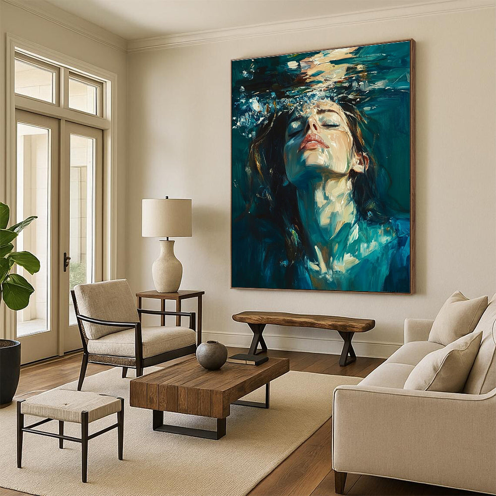 Abstract oil painting of a woman underwater with long hair and a blue-green attire against a dark teal background.STSC179