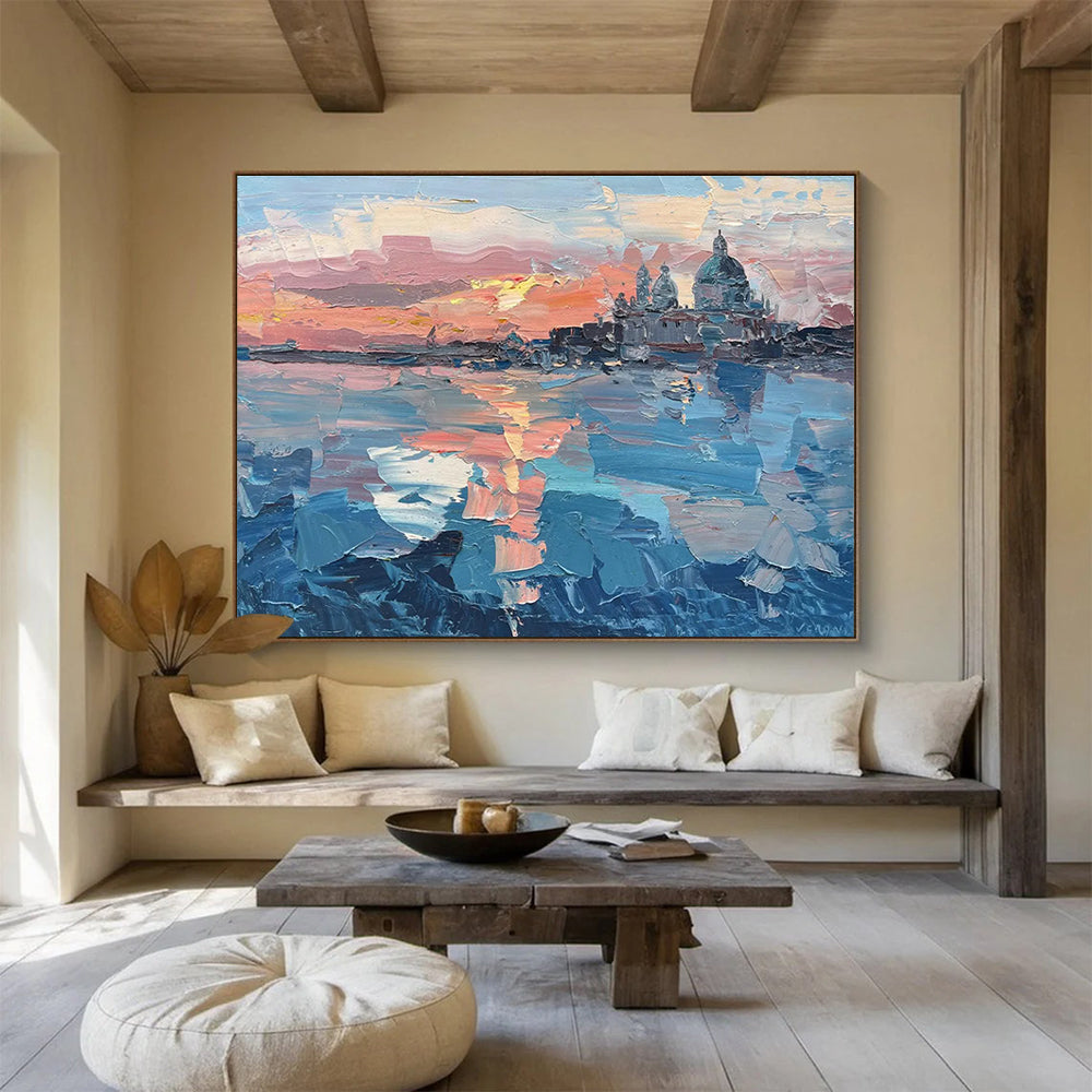 Pink Orange Blue Venice Sunset Abstract Painting THY460