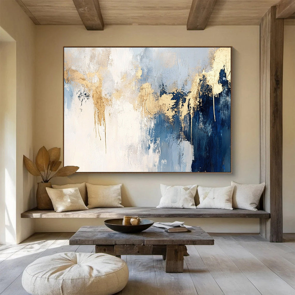 Blue and Gold Abstract Painting with Dripping Details DYP182