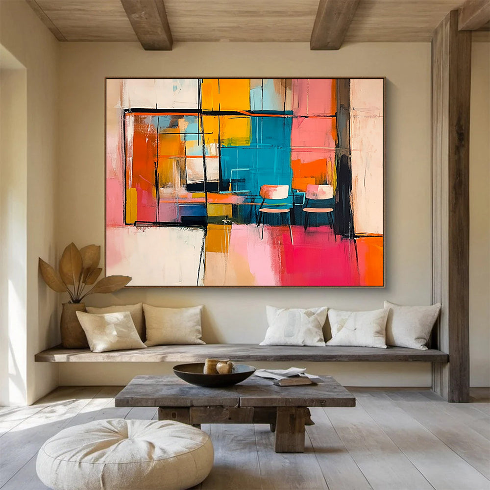 Large abstract painting featuring an interior with chairs and tables visible through a window in vibrant pink orange yellow and blue.SC336