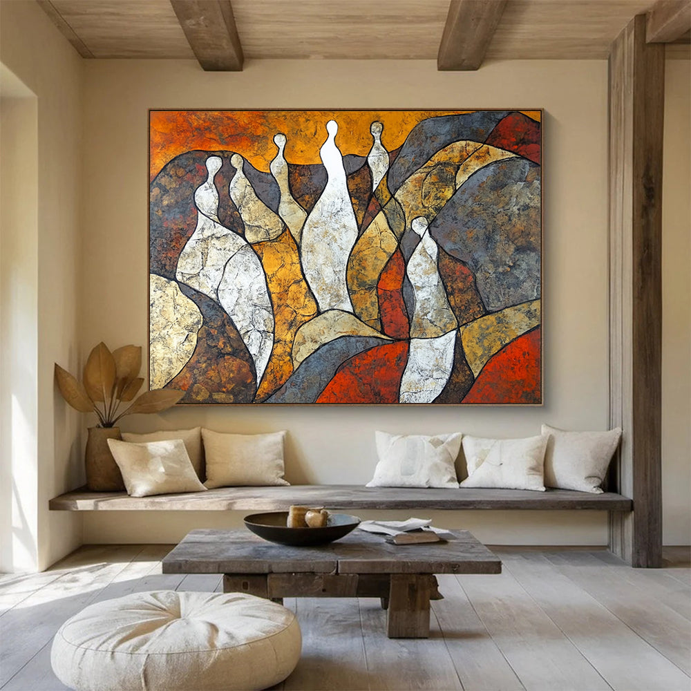 Abstract painting featuring women's bodies as rocks in earthy tones with a lone woman in white symbolizing resilience and growth amidst challenges.SC521