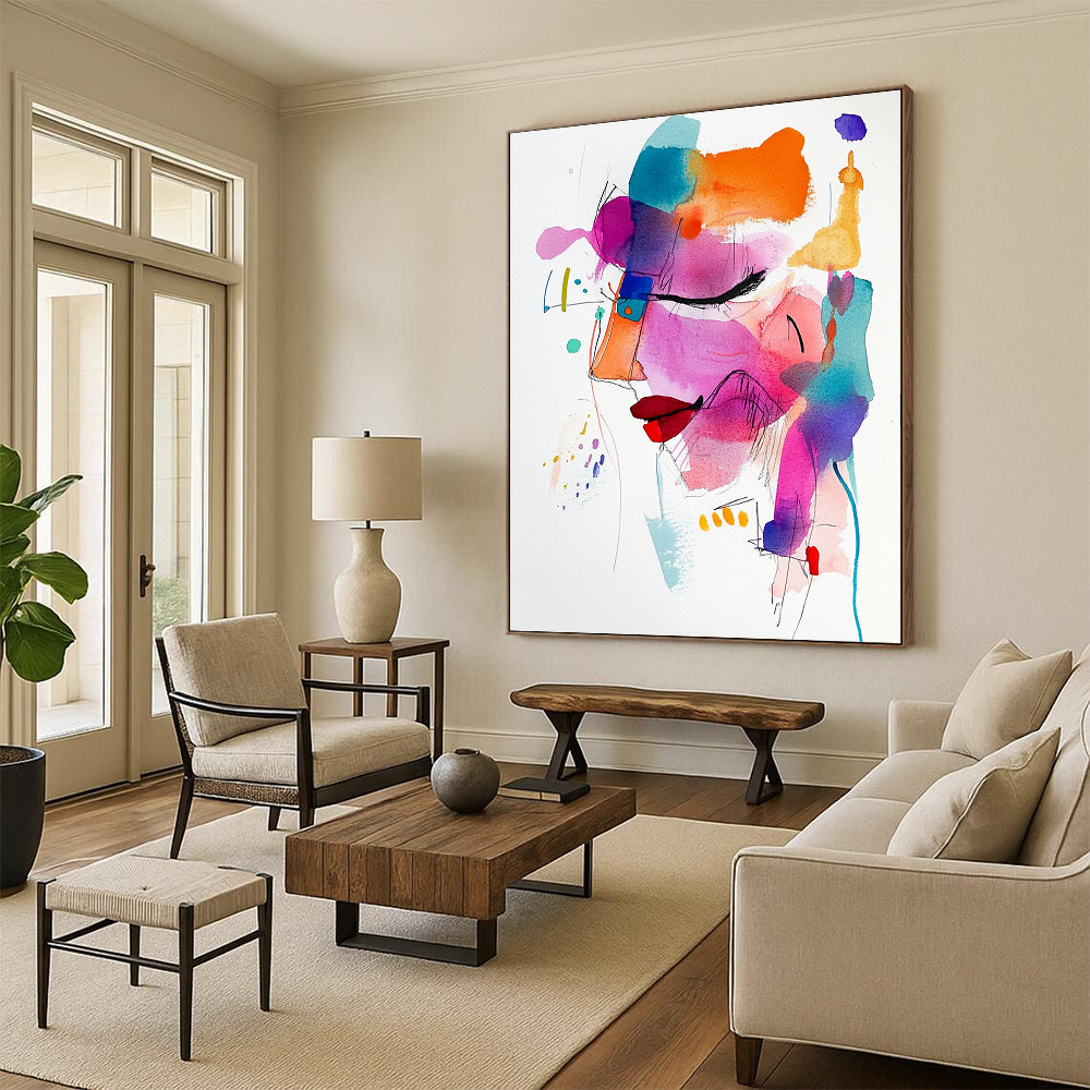A large abstract painting featuring vibrant colors and loose brushstrokes, highlighting a whimsical face in a contemporary minimalist style.STSC1194