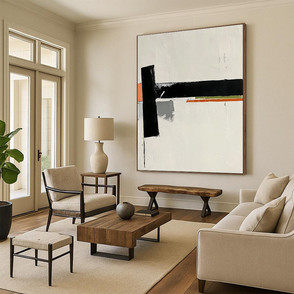 A large abstract painting features a white background with a small black rectangle and orange stripes alongside gray and green shapes embodying elegance.STSC569