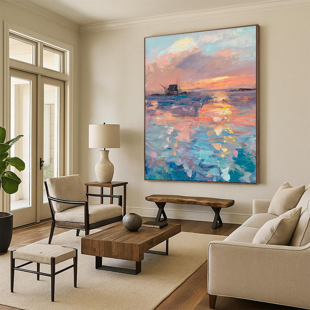 Sunset at Sea Abstract Painting with Colorful Reflections ADGE531