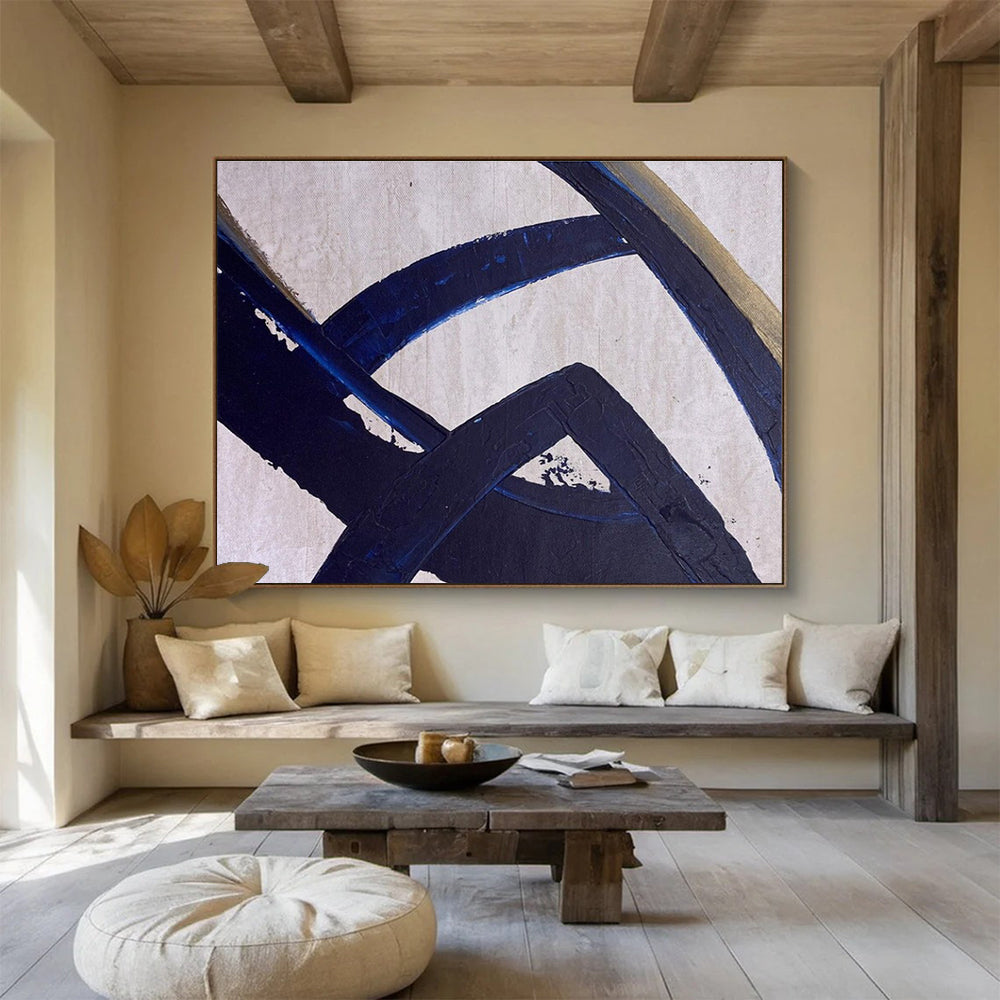 Navy Gold Abstract Painting with Intertwined Shapes THY350