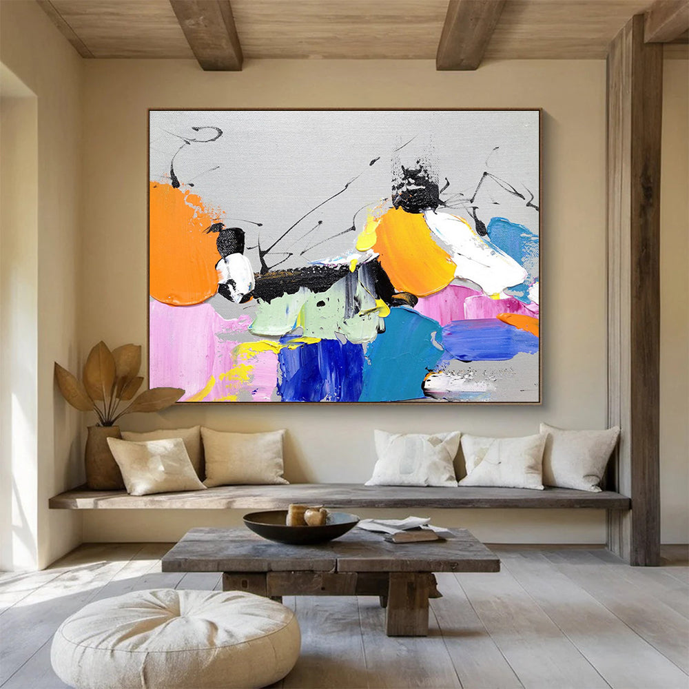 Playful Color Block Abstract Painting with Bright Hues and Black Accents THY269