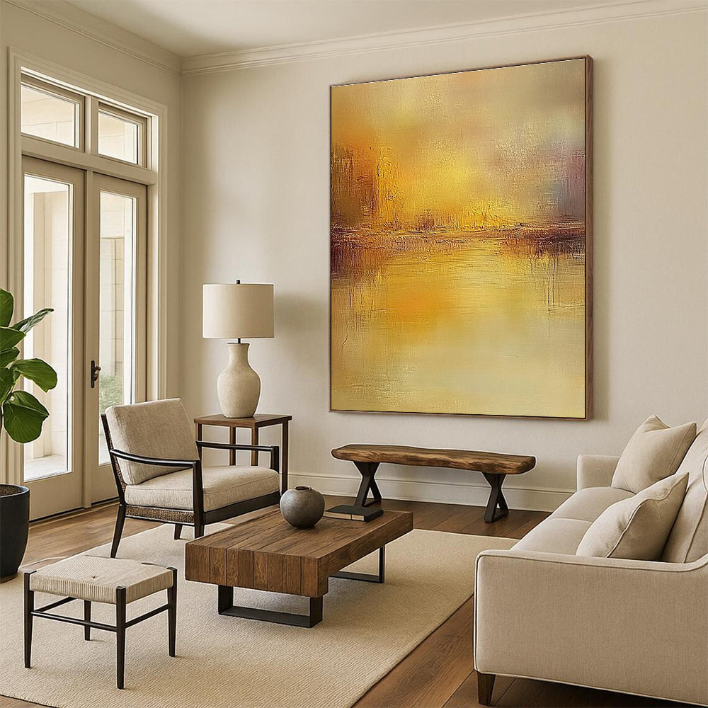 Large abstract painting featuring muted earthy colors and soft focus reflections on water evoking a dreamlike atmosphere with impressionist brush strokes.STSC860