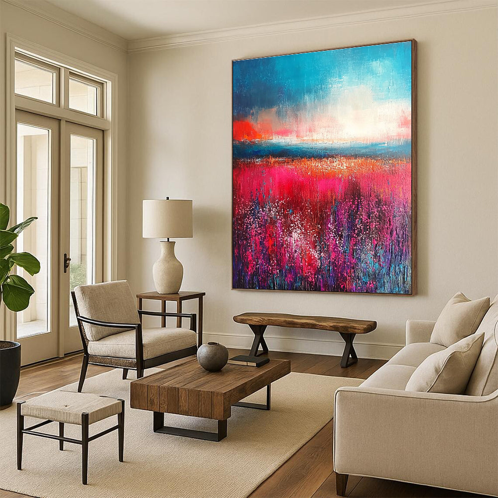 Large abstract painting with thick brush strokes in reds and pinks featuring an aqua blue sky and a detailed field of flowers.STSC117