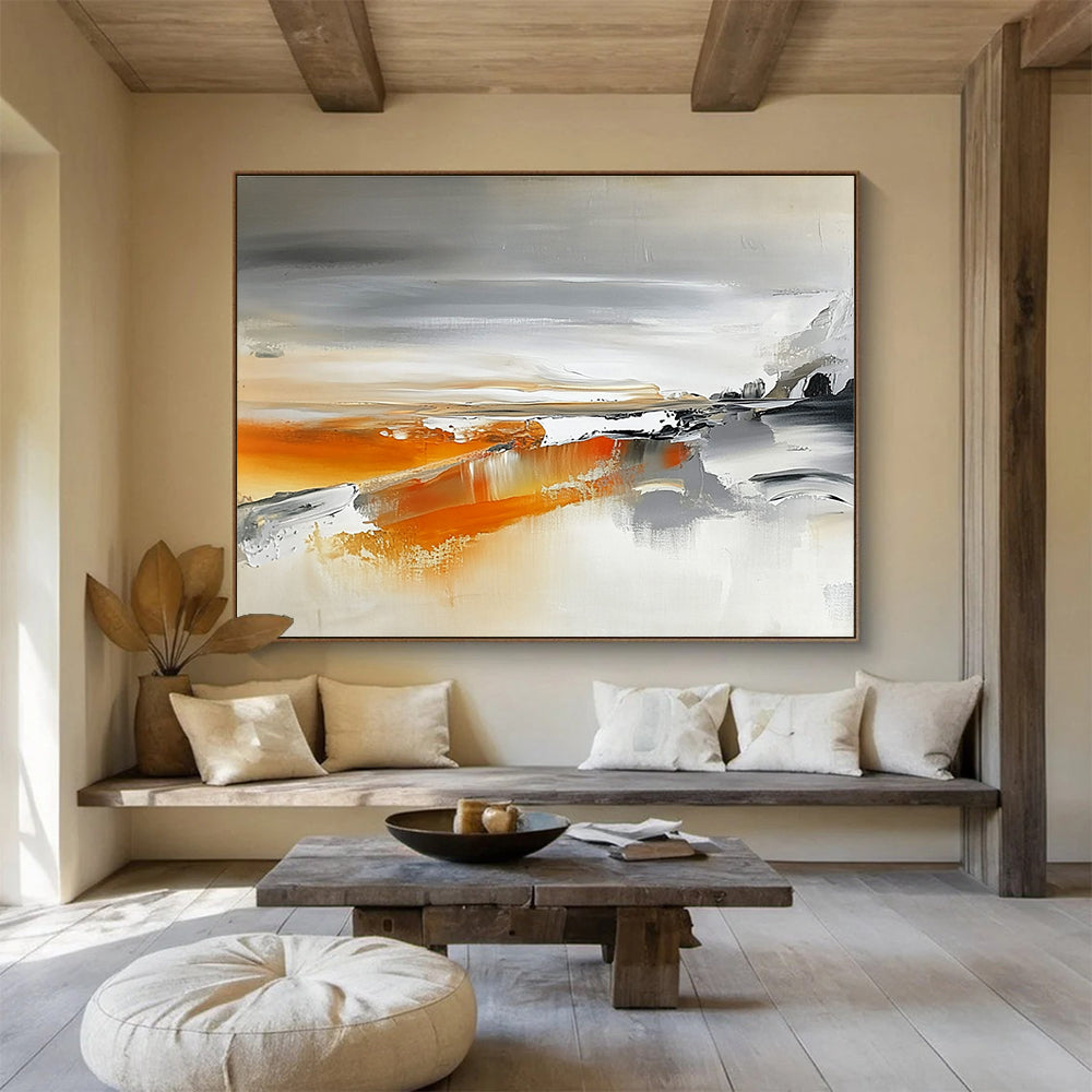Gray and Orange Abstract Landscape Painting with Flowing Textures DYP316