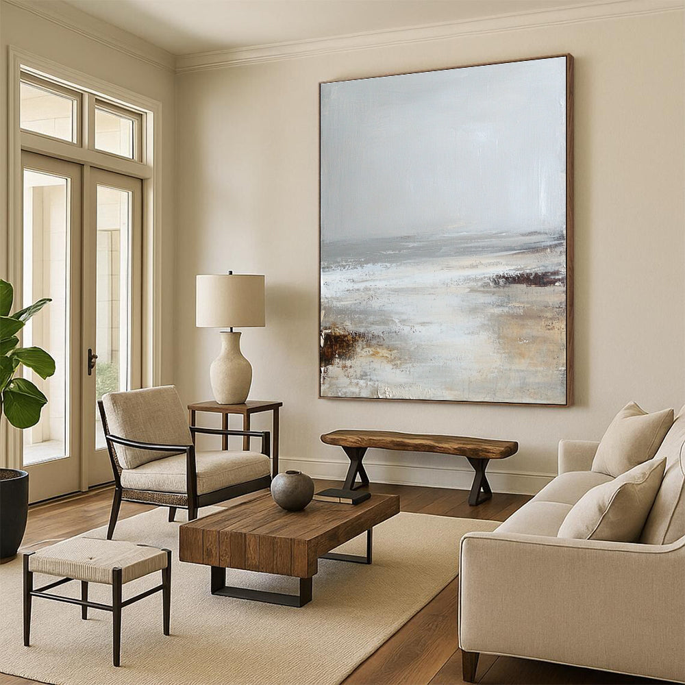 Large abstract painting in soft neutrals of white and gray evokes a calming misty beach atmosphere for serene spaces.STSC232