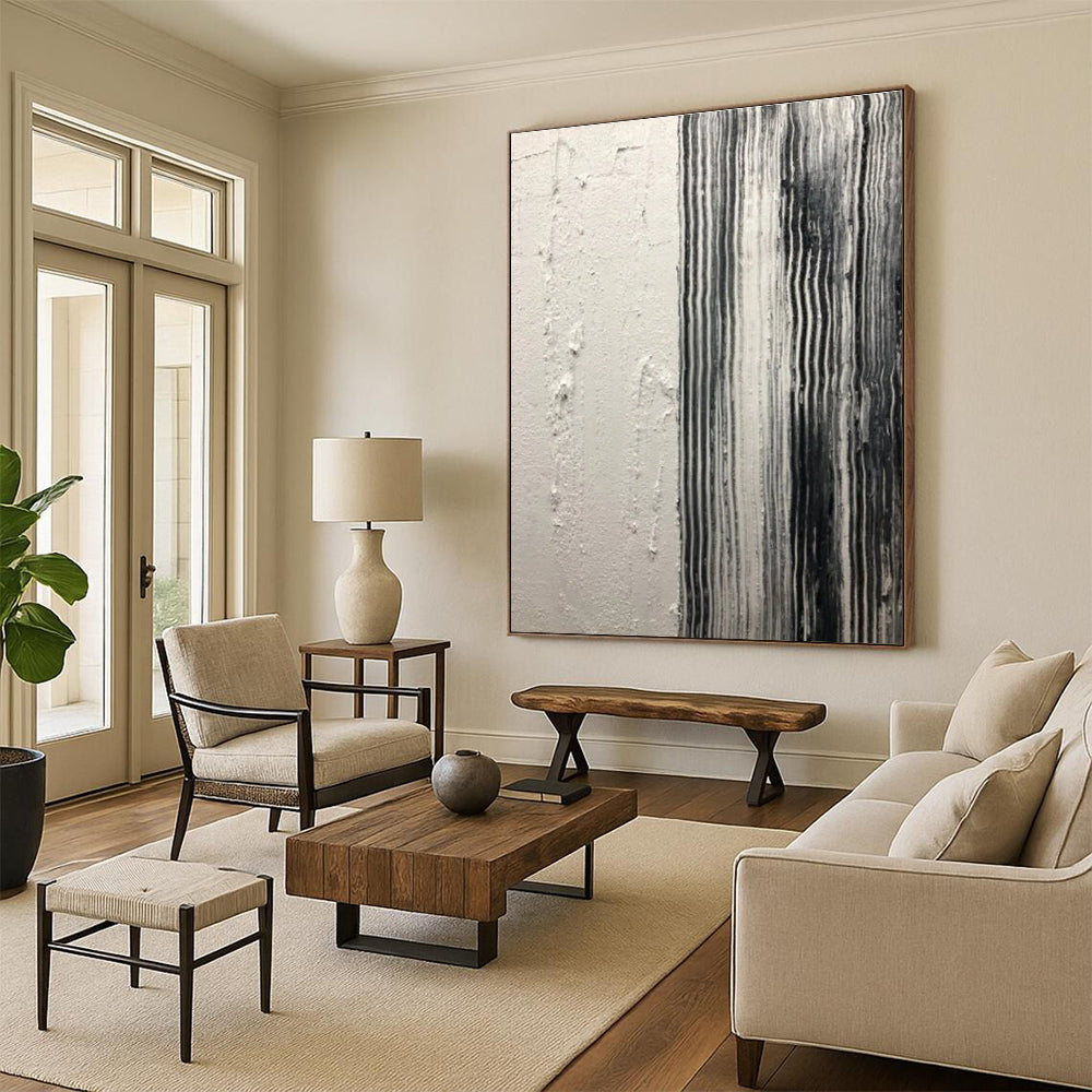Black and White Striped Textured Abstract Painting ADGE382