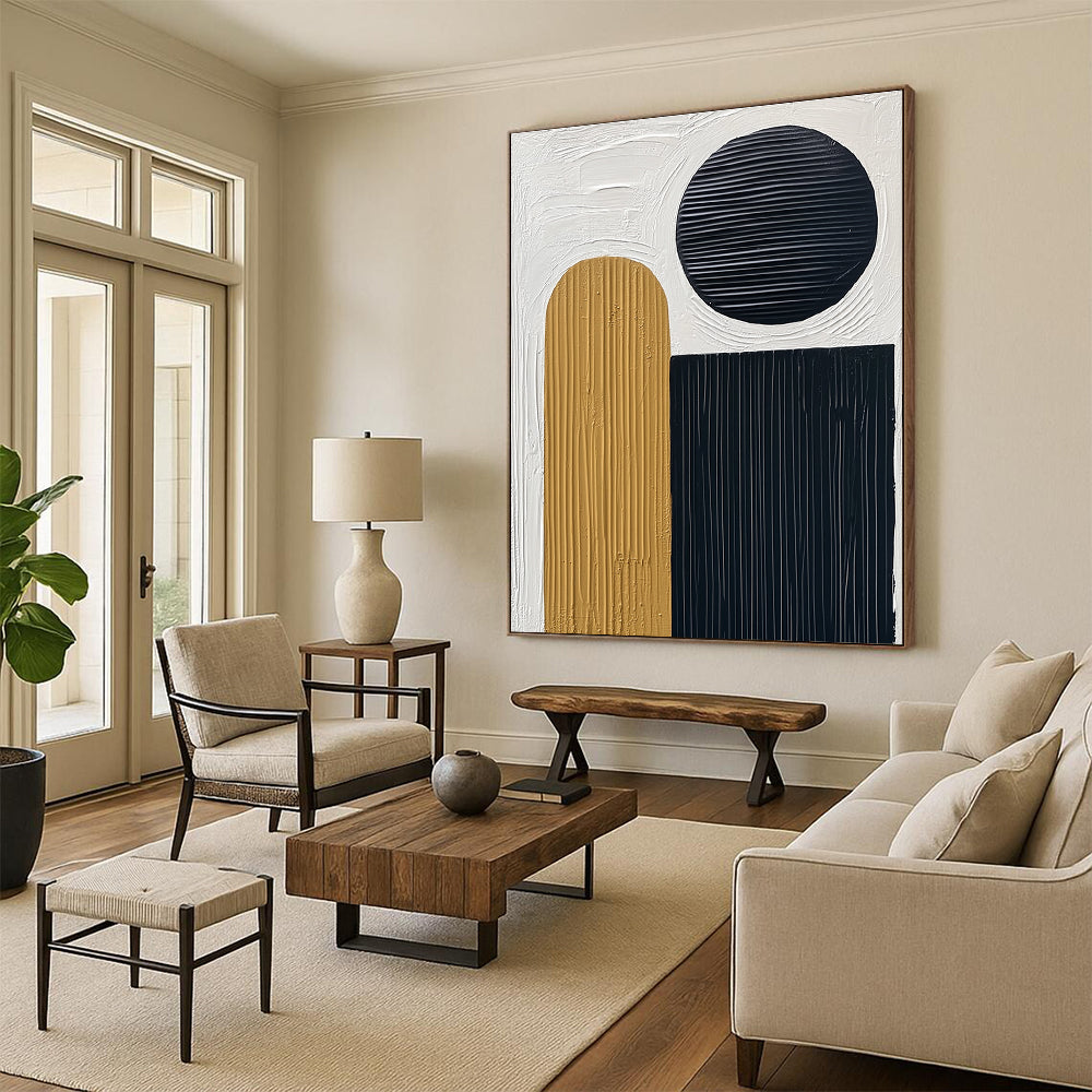 Abstract painting featuring thick black lines on textured paper with a white background and a small gold oval accent along with three circles.STSC451