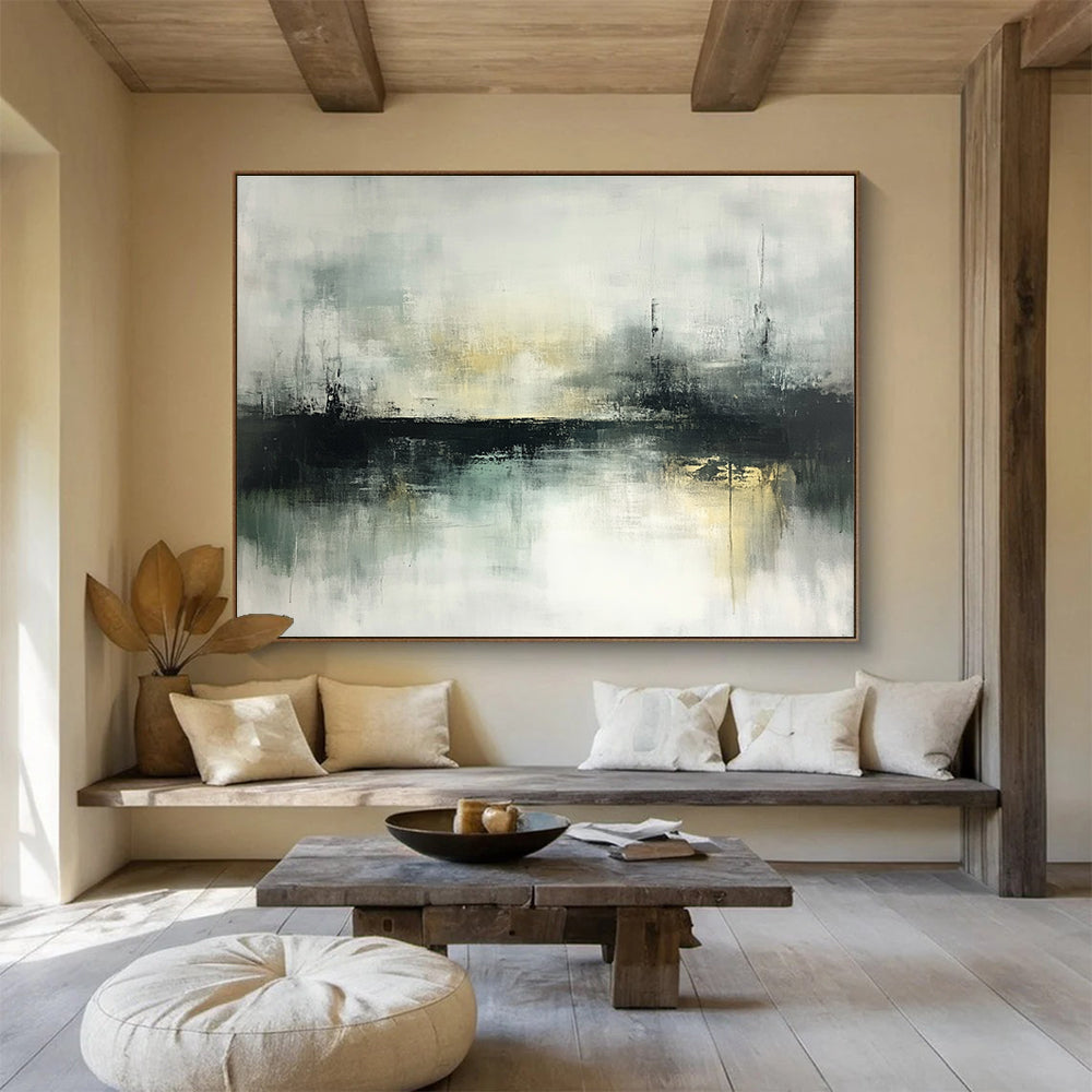 Large abstract painting of misty landscapes featuring muted greens and grays with soft edges and an atmospheric quality ideal for modern art lovers.SC196