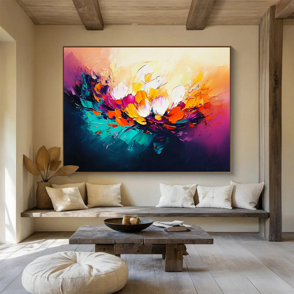 Large abstract oil painting of flowers in vibrant orange teal magenta with expressive brushwork and glowing lights creating a dynamic composition.SC320