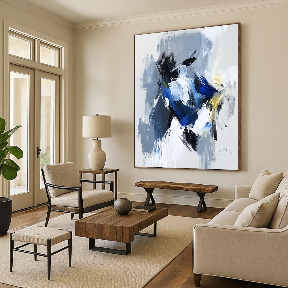Blue Gray Abstract Painting with Dynamic Color Blocks GER781
