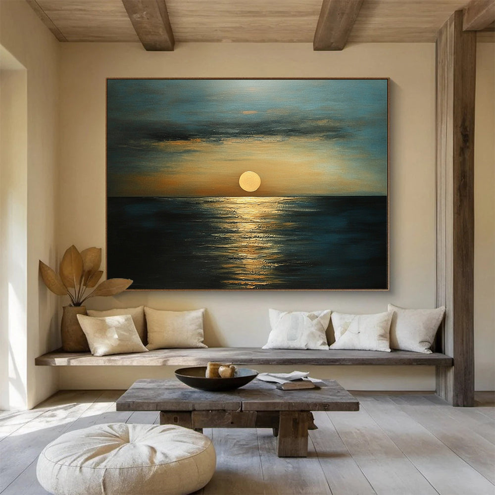 Golden Sunset Sea Abstract Painting with Orange and Blue Tones DYP571