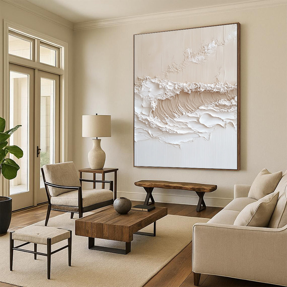 Large abstract painting of textured waves in neutral tones with thick impasto technique for a captivating wall art statement.STSC1212