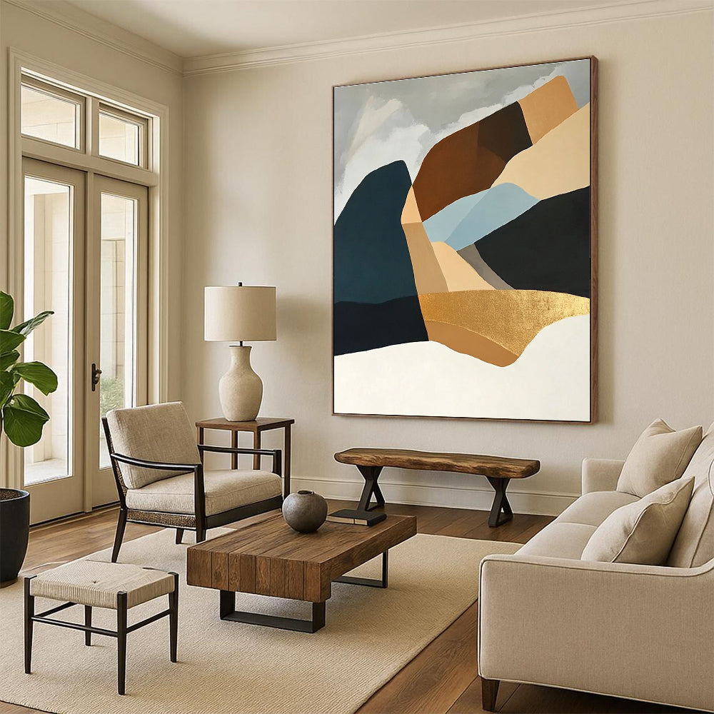 Large abstract painting showcasing Art Deco shapes in light blue and gold on a white background featuring elegant curves and balanced elegance in composition.STSC697