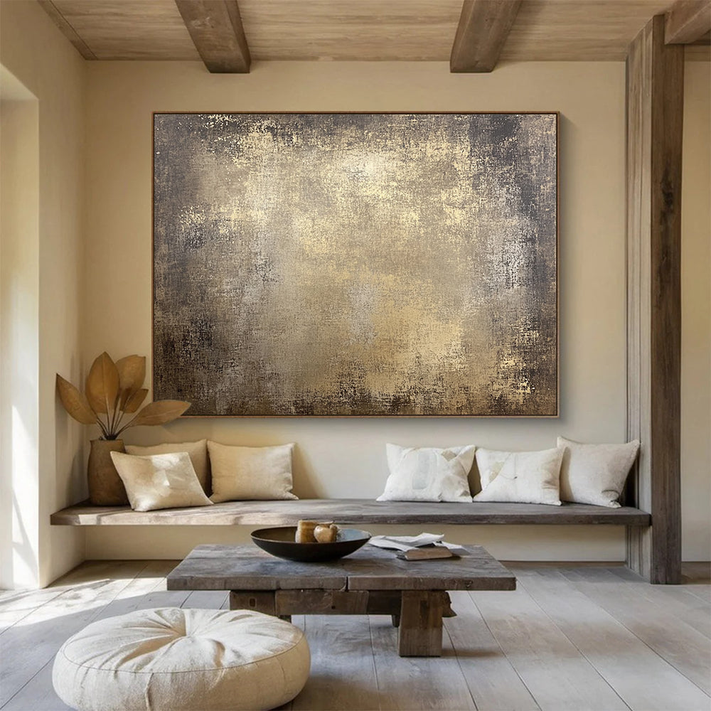 Large abstract canvas featuring distressed light brown tones with a textured rustic background perfect for an earthy decor style.SC533