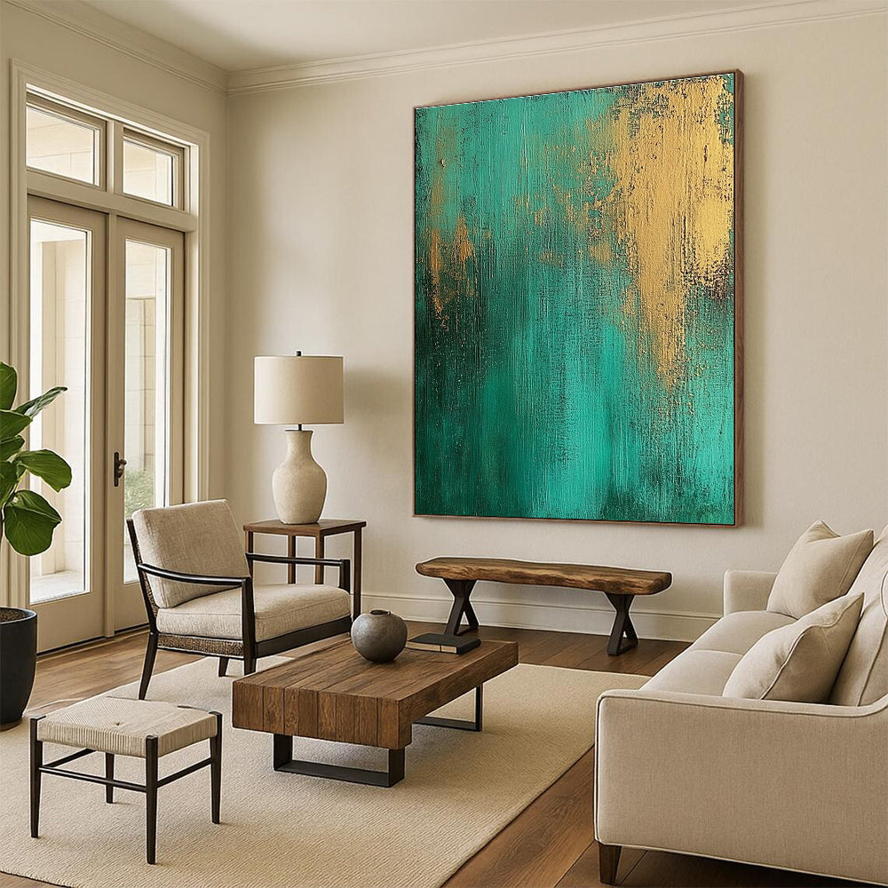 Green Gold Abstract Painting with Textured Surfaces GER708