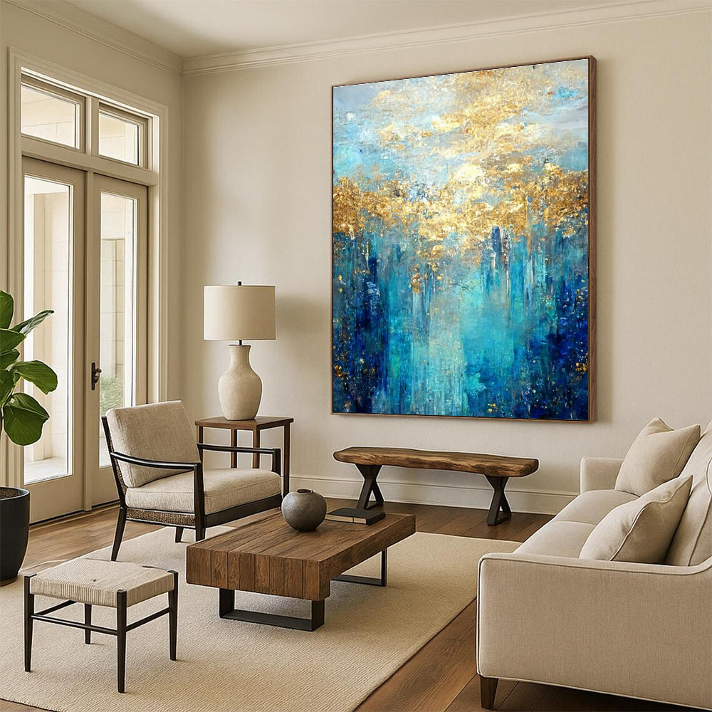 Blue Abstract Painting with Golden Forest - like Patterns ADGE065