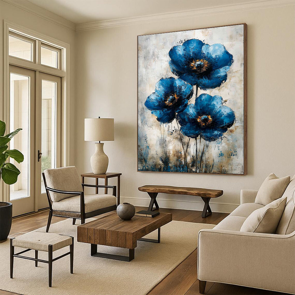 Abstract Blue Flower Painting features vintage flowers art on canvas perfect for enhancing your wall decor and creating a serene atmosphere.STSC040