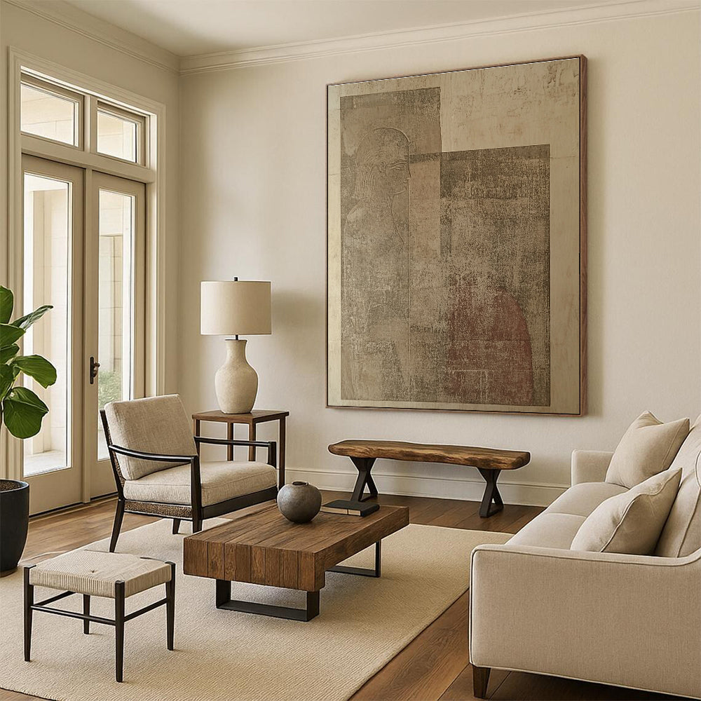 Large abstract artwork featuring ancient tablet carvings depicting two human figures against beige walls, showcasing unique artistic expression and historical intrigue.STSC1156