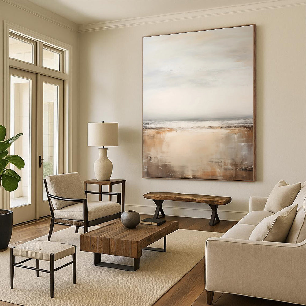 Serene Coastal Abstract Painting with Beige and Gray ADGE132