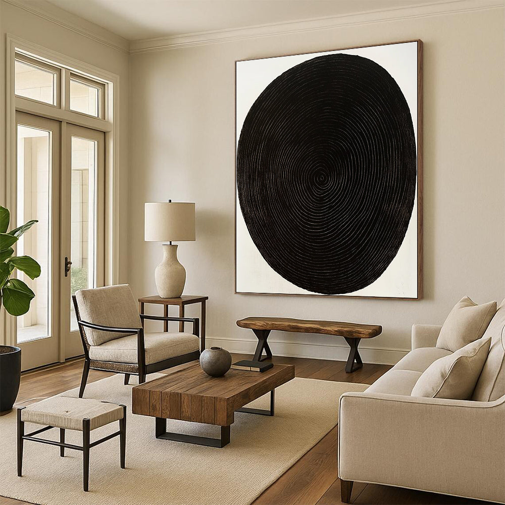 Black Oval with White Rings Abstract Painting on White Background GER021