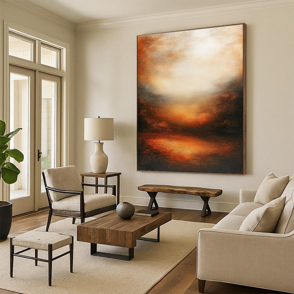 Large abstract oil painting featuring an atmospheric sunset with muted earth tones deep oranges and soft shadows evoking tranquility and harmony.STSC146