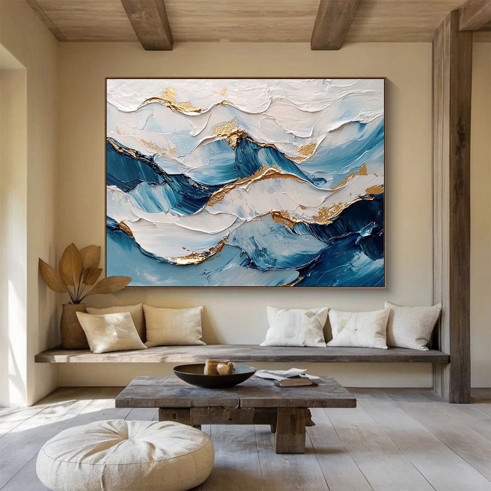 Wave - like Blue White Gold Abstract Painting with Metallic Accents DYP261