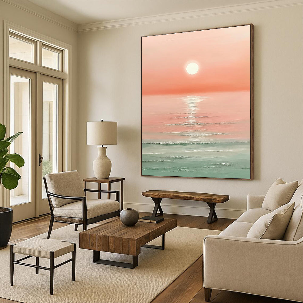 Large abstract painting featuring a pink sunset over the ocean with a white sun and soft muted colors.STSC1424