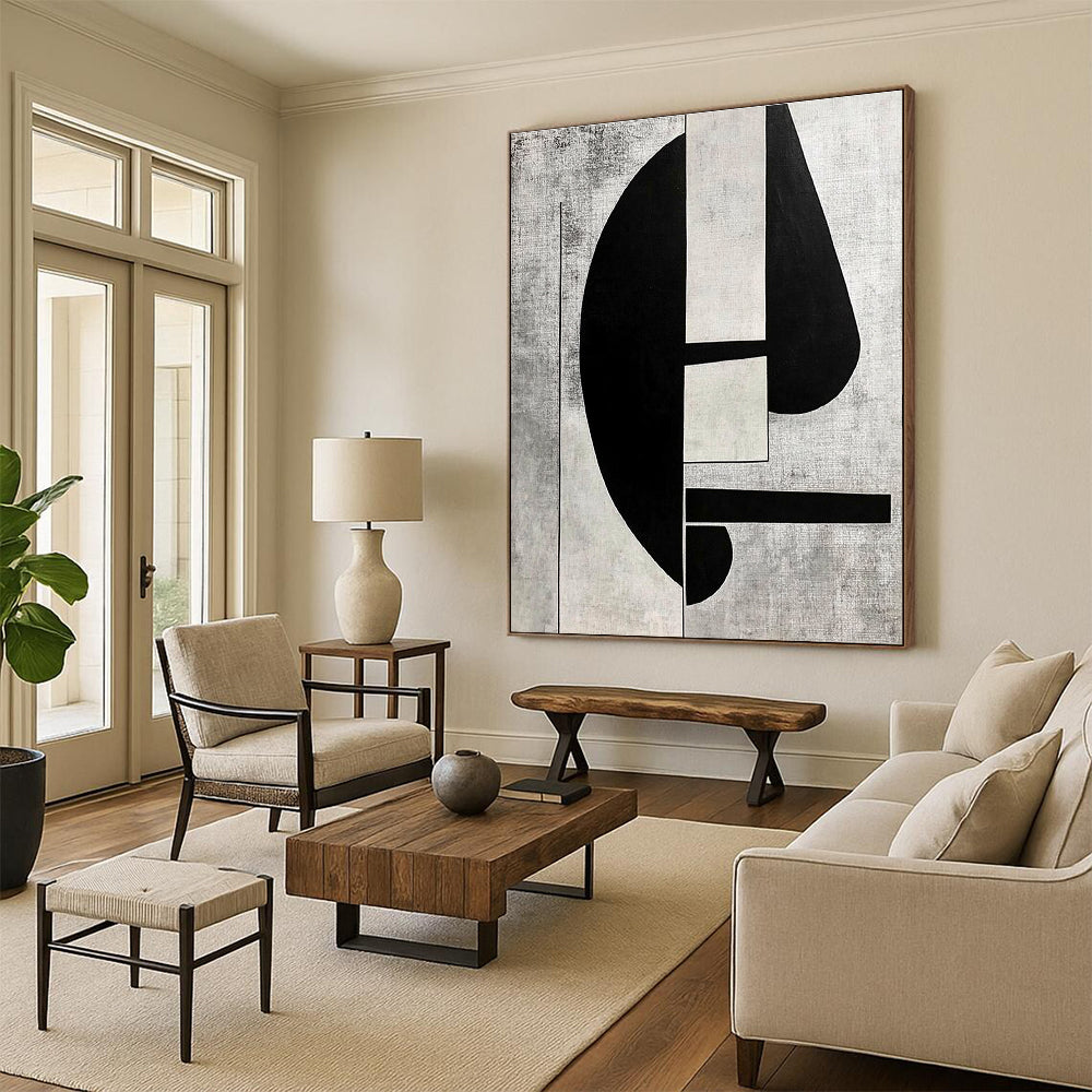 Large abstract painting in black and white on grey background featuring cubism elements and minimalistic retrofuturist style inspired by 1930s art.STSC465