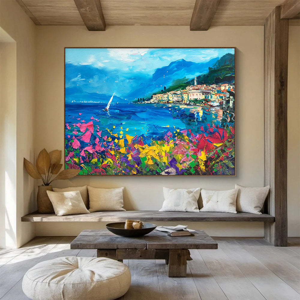 Blue Pink Yellow Coastal Village Abstract Painting THY484