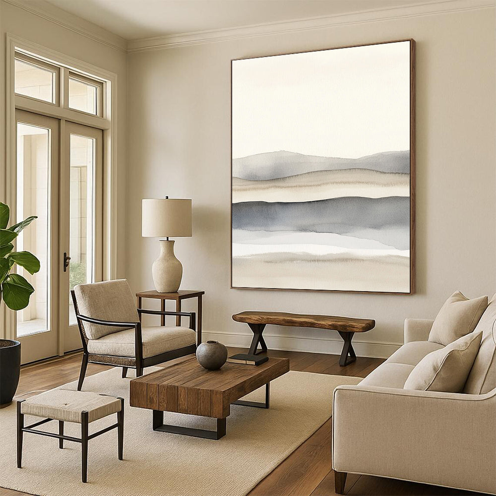 Large abstract painting featuring light gray and white watercolor shapes with soft blurred lines creating a serene landscape of dunes.STSC1464